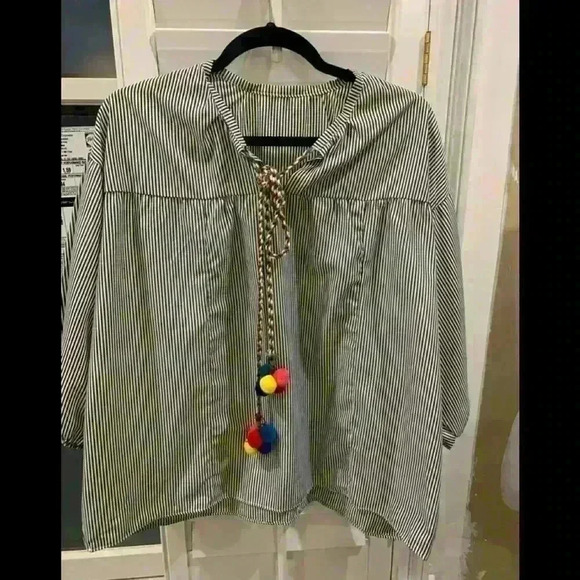 Black & white striped blouse with colorful Pom Pom tie - Picture 1 of 3